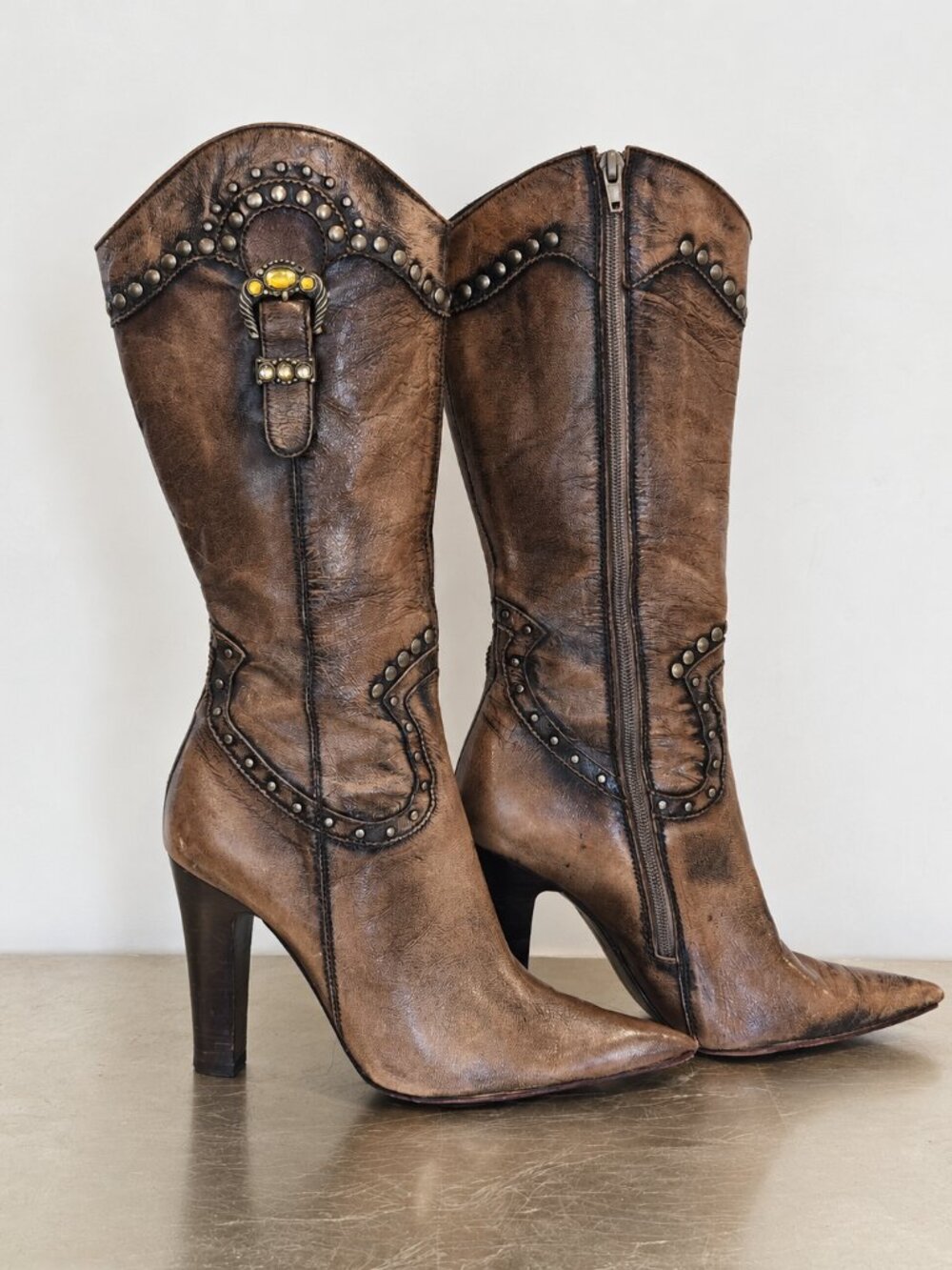 Y2K Studded Western Knee High Boots Pointed Toe Leather Steve Madden 6.5